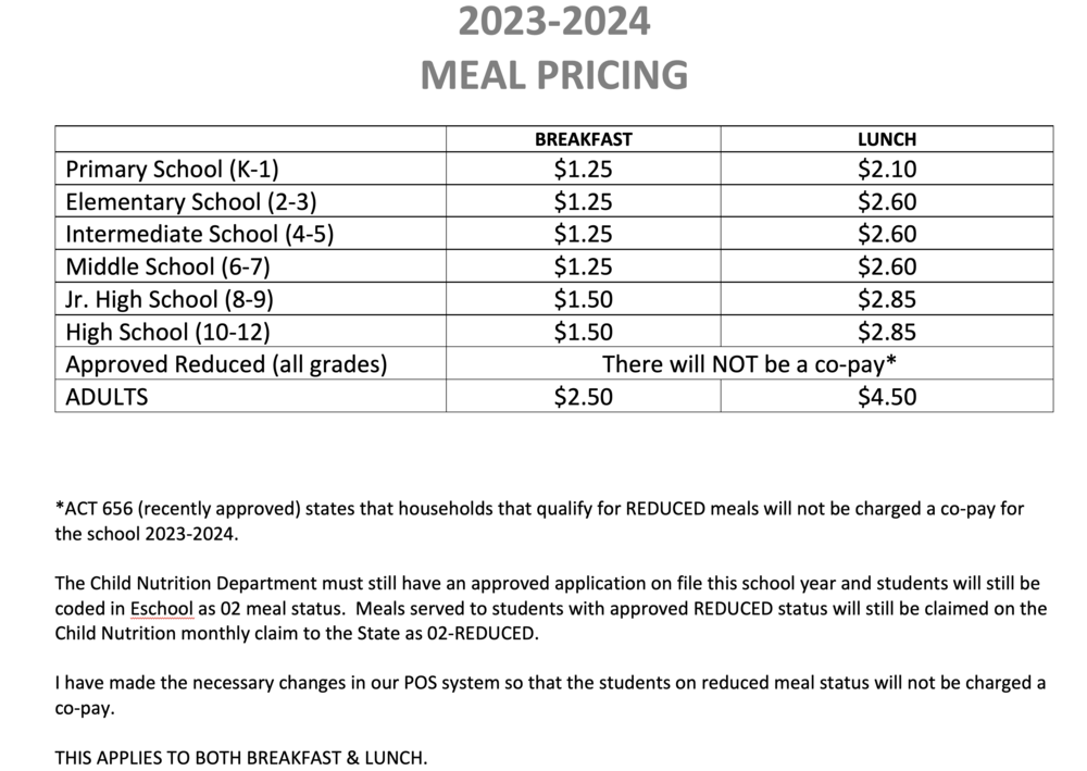 2023-2024 Meal Pricing