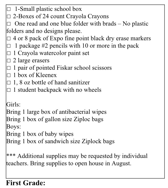 First Grade Supply List 